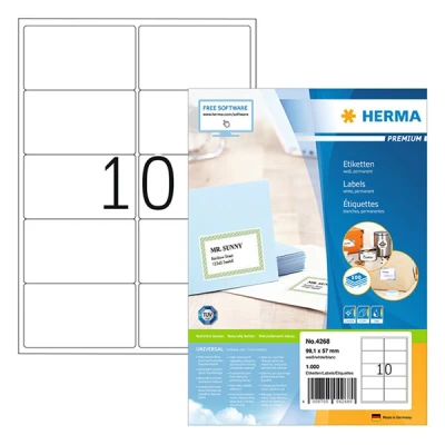 Image of HERMA Self Adhesive Multipurpose Labels, 10 Labels per A4 Sheet, 100 Sheets, 99.1 x 57 mm, 1000 Blank Universal Stickers, Sticky for Laser &amp; Inkjet Printer, White