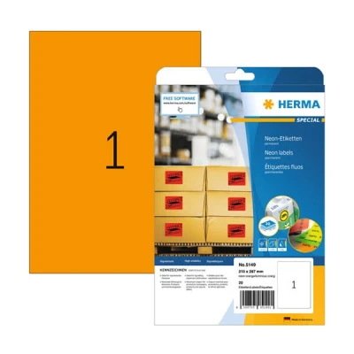 Image of HERMA Self Adhesive Coloured Labels, 1 Label per A4 Sheet, 20 Sheets, 210 x 297 mm, Blank Colour Labels Stickers, Sticky for Laser &amp; Inkjet Printer, Neon Orange