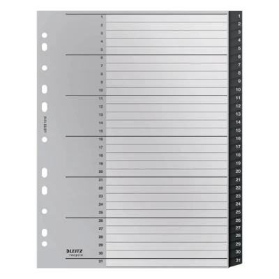 Image of Leitz Index Folder Divider, 1 31 Numerical Tabs, A4, Extra Wide, 90% Recycled Plastic, Eco Friendly, Premium Quality, Recycle Range, 12180095, Black