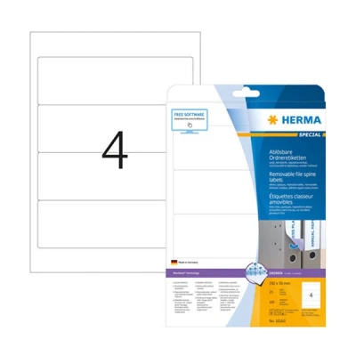 Image of HERMA Self Adhesive Removable Spine Labels, 4 Labels per A4 Sheet, 25 Sheets, 192 x 59 mm, 100 Blank Lever Arch File Folder Stickers, Sticky for Laser &amp; Inkjet Printer, White