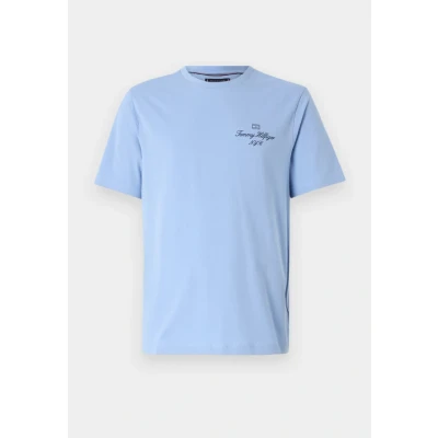 Image of Tommy Hilfiger Outline FLAG Script TEE Unisex Print Tshirt, Size: XS, Cloudy blue