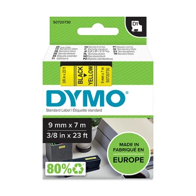 Image of DYMO Authentic D1 Labels Black Print on Yellow Tape 9 mm x 7 m Self Adhesive for LabelManager Label Makers Made in Europe