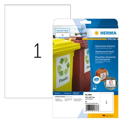 Image of HERMA 4866 Weatherproof Film Labels for Inkjet Printers, 320 Sheets, 210 x 297 mm, 1 per A4 Sheet, Pieces, Self Adhesive, Printable, Matt, Adhesive Labels, Stickers White