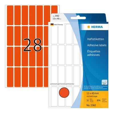 Image of HERMA Multi Purpose Labels, 28 Labels per Sheet, 32 Sheets, 13 x 40 mm, 896 Self Adhesive Small Stickers, Blank Sticky for Office Kitchen Home, Red
