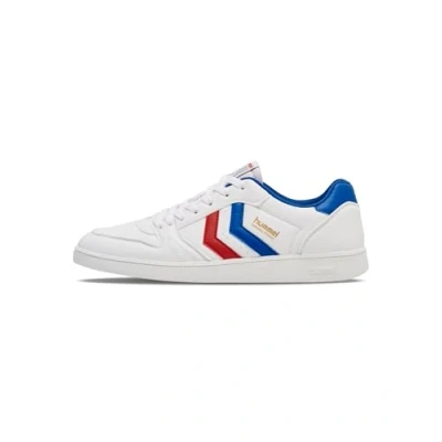Image of Hummel Handball Perfekt Unisex Trainers, Size: 3.5, White/navy/red Imitation leather/ textile