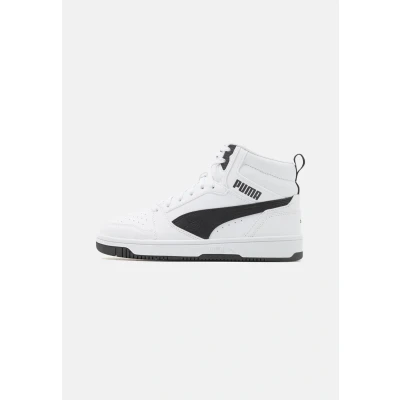 Image of Puma Rebound V6 MID JR Unisex Hightop trainers for kids, Size: 3, White/black High quality imitation leather