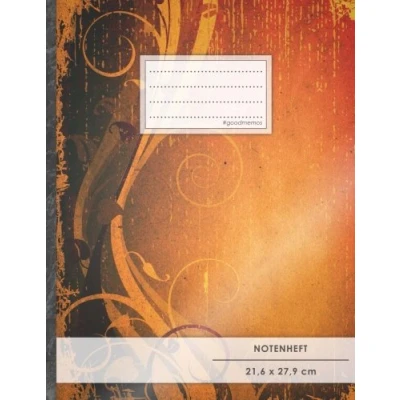 Image of Notenheft: DIN A4 48 Seiten, 24 Blatt, 12 Systeme, „Orange“ Original #GoodMemos Schulheft Mit Inhaltsverzeichnis und Seitenzahlen, Noten Lineatur 14