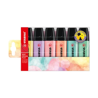 Image of Stabilo Highlighter BOSS ORIGINAL Pastel 5 x Pack of 6 Milky Yellow, Creamy Peach, Pink Blush, Lilac Haze, Hint Mint, Touch Turquoise