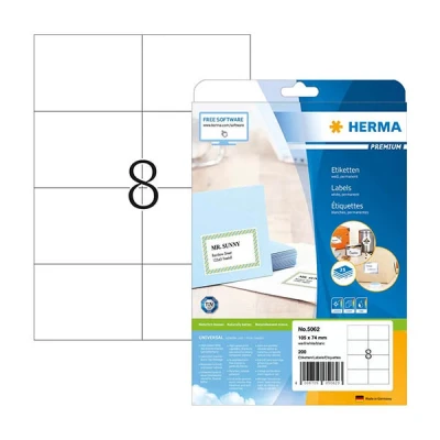 Image of HERMA Self Adhesive Shipping Labels, 8 Labels per A4 Sheet, 25 Sheets, 105 x 74 mm, 200 Blank Parcel Stickers, Sticky for Laser &amp; Inkjet Printer, White