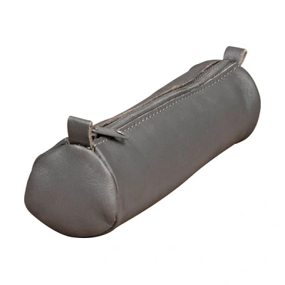 Image of Clairefontaine Ref 77034C Age Bag Small Round Pencil Case 185 x 40 40mm in Size, Genuine Lambskin Leather, Soft &amp; Supple to Touch, Metal Zip With Pull Grey