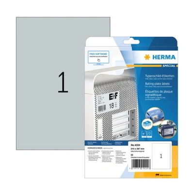 Image of HERMA 4224 Name Plate Foil Labels Silver, 800 Sheets, 210 x 297 mm, 1 per A4 Sheet, Pack of 800, Self Adhesive, Printable, Weatherproof, Blank Adhesive Film Stickers Made