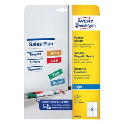 Image of Avery Zweckform J8875 5 Printable Magnetic Sheets with Special Coating 50 x 140 mm / 40 Labels White