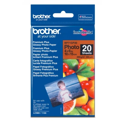 Image of Brother BP71GP20 Photo Paper, 6 Inch x 4 Inch, Premium Plus Glossy, 15 cm (W) 10 (L), 20 Sheets, Genuine Supplies