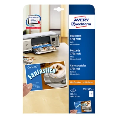 Image of Avery Zweckform C32252 25 Business Cards Uncoated Micro Perforated 170 g 148 x 105, Sheets, 4 per Sheet, White
