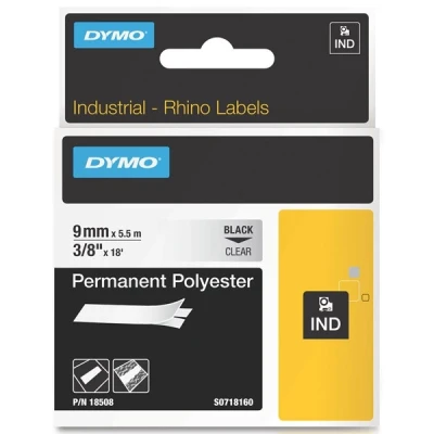 Image of Dymo Rhino Permanent Polyester Industrial Labels 9mm x 5.5m Black on Clear