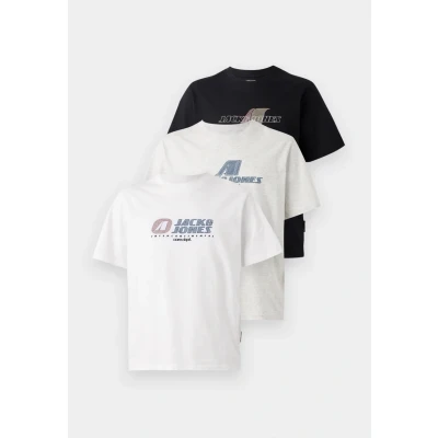 Image of Jack &amp; Jones Jcotier Front Print TEE CREW 3 PACK Tshirt, Men&#039;s, Size: Small, White/black/grey