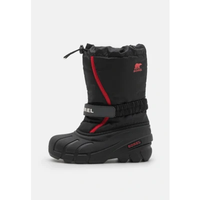 Image of Sorel Youth Flurry Unisex Winter boots for kids, Size: 6, Black/bright red Synthetics/textile