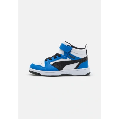 Image of Puma Rebound V6 MID Unisex Hightop trainers for kids, Size: 11.5K, White/black/racing blue High quality imitation leather