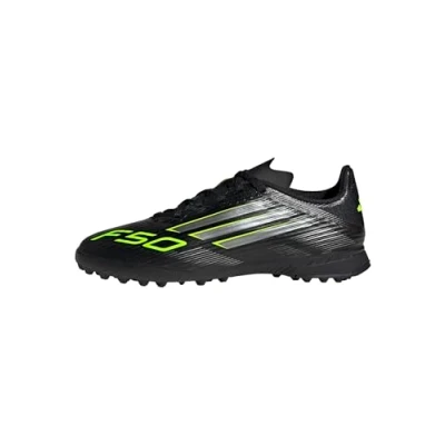 Image of adidas Unisex Kid&#039;s F50 League Turf Football Boots, Core Black Iron Metallic Lucid Lemon, 10 UK Child