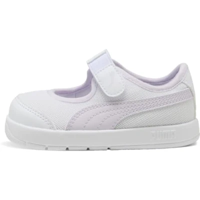 Image of Puma Courtflex V3 LINA Unisex Road running shoes for kids, Size: 9K, White/lilac frost Imitation leather/ textile