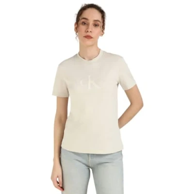 Image of Calvin Klein Jeans Glossy Monologo Regular TEE Print Tshirt, Women&#039;s, Size: Large, Moonbeam