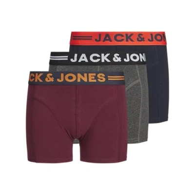 Image of Jack and Jones Kids 3 Pack Trunks Junior Boxer Shorts Multipack for Boys, Dark Grey Navy Red, 164 Regular