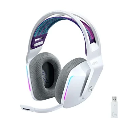 Image of Logitech G733 LIGHTSPEED Wireless Gaming Headset with suspension headband, LIGHTSYNC RGB, Blue VO!CE mic technology and PRO G audio drivers, Lightweight, 29 Hour battery life, 20m range White