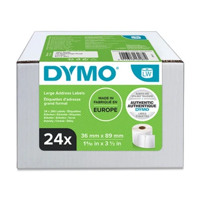 Image of DYMO Authentic LabelWriter Large Address Labels 36mm x 89mm 24 Rolls of 130 Easy Peel (3120 labels) Self Adhesive for Label Makers