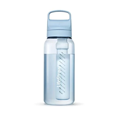 Image of LifeStraw Go Series — Insulated Stainless Steel Water Filter Bottle for Travel and Everyday Use Removes Bacteria, Parasites Microplastics, Improves Taste, 1L Icelandic Blue