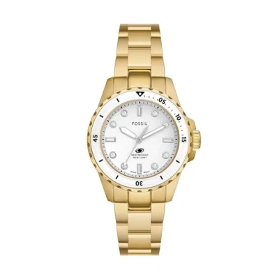 Image of Fossil Blue Dive Watch for Women, Quartz Movement with Stainless Steel or Leather Strap, Gold Tone and White, bracelet