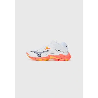 Image of Mizuno WAVE LIGHTNING Z8 MID Volleyball Shoes White/Fiery Coral 2/Citrus Women/Men Size 10,5