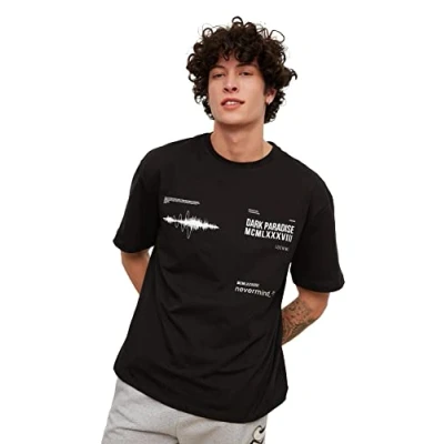 Image of Trendyol Men&#039;s Man Relaxed Standard Crew Neck Woven T Shirt, Schwarz, S