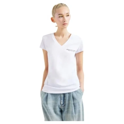 Image of Armani Exchange Women&#039;s Milano/New York Logo Slim Fit V Neck T Shirt, White (Optic White), S