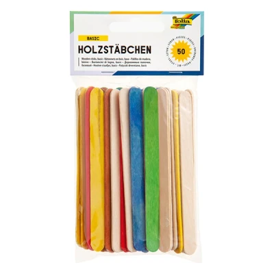 Image of folia 2290 Wooden Sticks for Crafts, Ice Cream Sticks, 114 x 10 2 mm, Pack of 50, 25 Natural and Assorted Colours, Flat with Rounded Ends Various Crafts