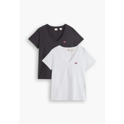 Image of Levi&#039;s Vneck 2 PACK Basic Tshirt, Women&#039;s, Size: XXS, White/caviar