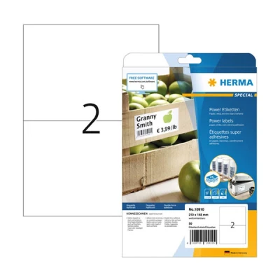Image of HERMA Extra Strong Adhesive Labels, 2 Labels per A4 Sheet, 25 Sheets, 210 x 148 mm, 50 Blank Heavy Duty Stickers, Sticky for Laser &amp; Inkjet Printer, White