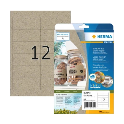 Image of HERMA Self Adhesive Multipurpose Labels, 12 Labels per A4 Sheet, 20 Sheets, 97 x 42.3 mm, 240 Blank Universal Stickers, Sticky Silphie for Laser &amp; Inkjet Printer, Natural Brown