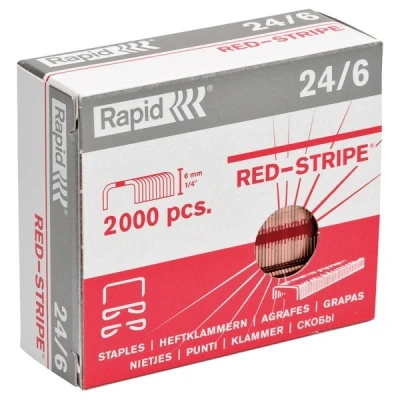 Image of Rapid Red Stripe 24/6mm Staples, For Stapling up to 30 Sheets, Use with Desktop and Electric Staplers, Copper Plated, Box of 2000, 11700245