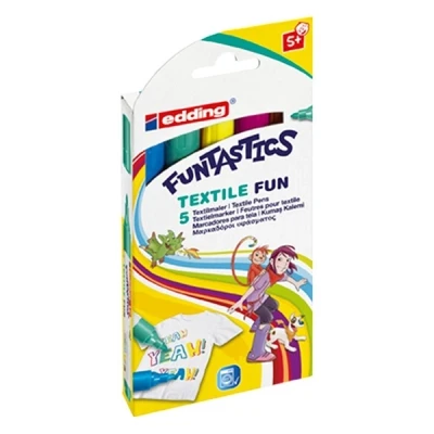 Image of edding 17 FUNTASTICS Textile FUN Children&#039;s Marker Yellow, Brown, Blue, Red, Green 5 Pens Round Tip 2 3 mm Felt Machine Washable (60 C)