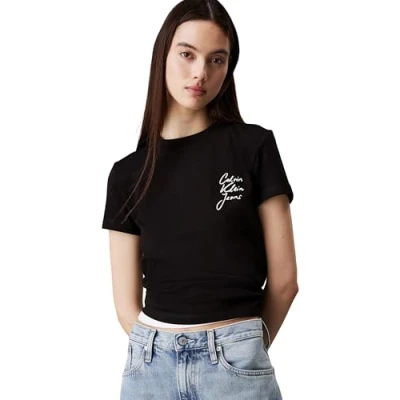 Image of Calvin Klein Jeans Women&#039;s Script Institutional Baby Tee S/S T Shirt, Ck Black, XXS