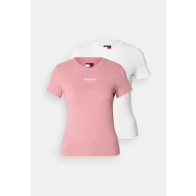 Image of Tommy Jeans Essential LOGO TEE 2 PACK Print Tshirt, Women&#039;s, Size: 4, Ecru/tahiti berry