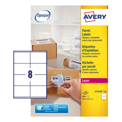 Image of Avery L7165B Self Adhesive Parcel Labels, Laser Printers, 8 Labels Per A4 Sheet, 800 BlockOut