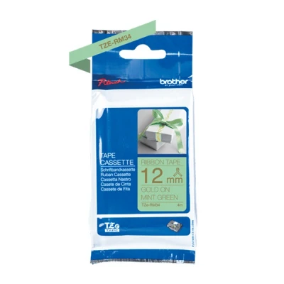 Image of Brother TZe RM34 Labelling Tape Cassette, Gold on Mint Green, 12mm (W) x 4M (L), Ribbon Tape, Genuine Supplies