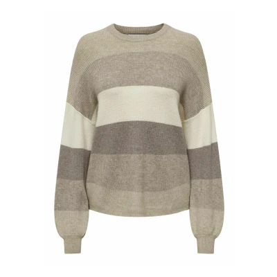 Image of ONLY Women&#039;s Onlatia KNT Noos L/S Stripe Pullover Sweater, Feather Gray/Stripes:w. Beige/Whitecap Gray/Leafless Tree, XS