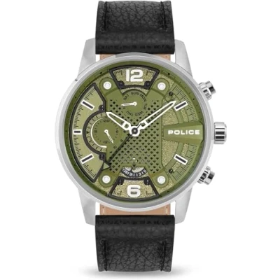 Image of Police Mens Analogue Quartz Watch with Leather Strap PEWJF2203305, Green, One Size,