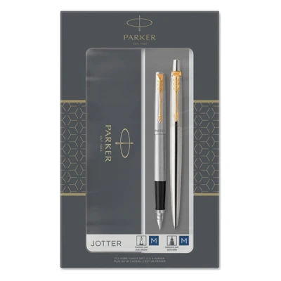 Image of Parker Jotter Duo Gift Set with Ballpoint Pen &amp; Fountain Stainless Steel Gold Trim Blue Ink Refill Cartridges Box