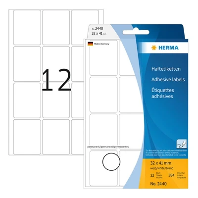 Image of HERMA Multi Purpose Labels, 12 Labels per Sheet, 32 Sheets, x 41 mm, 384 Self Adhesive Small Stickers, Blank Sticky for Office Kitchen Home, White