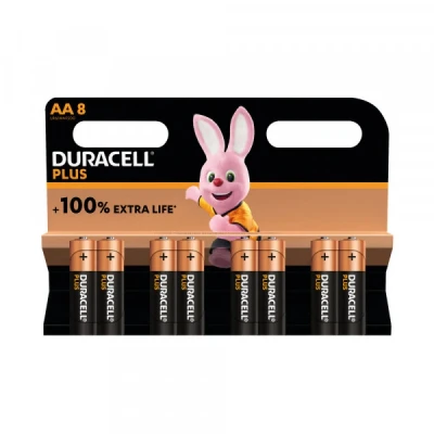 Image of Duracell Plus AA Batteries (8 Pack) Alkaline 1.5V Up To 100% Extra Life Reliability For Everyday Devices 0% Plastic Packaging 10 Year Storage LR6 MN1500