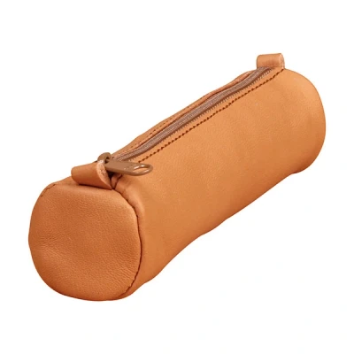 Image of Clairefontaine Ref 77018C Age Bag Small Leather Round Pencil Case 18.5 x 4cm, Genuine Lambskin Leather, Vegetable Tanned Dye, Metal Zipper Brown