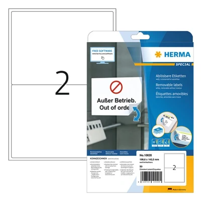 Image of HERMA Self Adhesive Removable Labels, 2 Labels per A4 Sheet, 25 Sheets, 199.6 x 143.5 mm, 50 Blank Multipurpose Stickers, Sticky for Laser &amp; Inkjet Printer, White